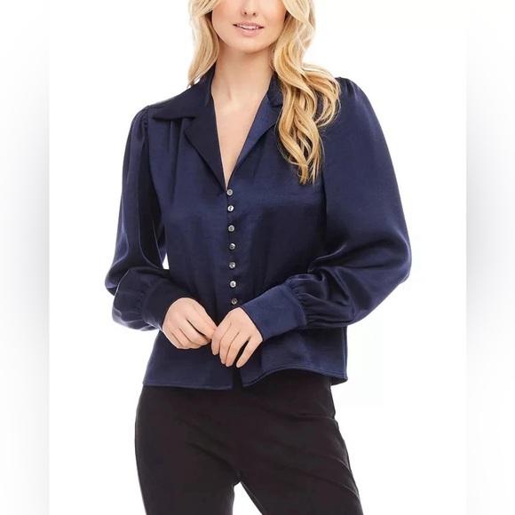 Karen Kane Tops - NWT Karen Kane Women’s Satin Button-Up Shirt Elegant Navy Blue Top